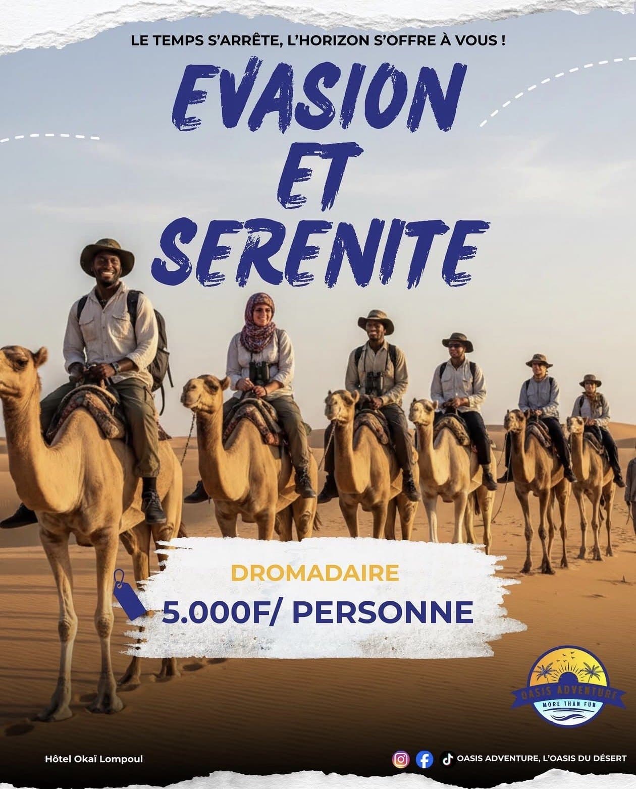 Affiche Oasis Adventure — Dromadaire, 5.000 F par personne