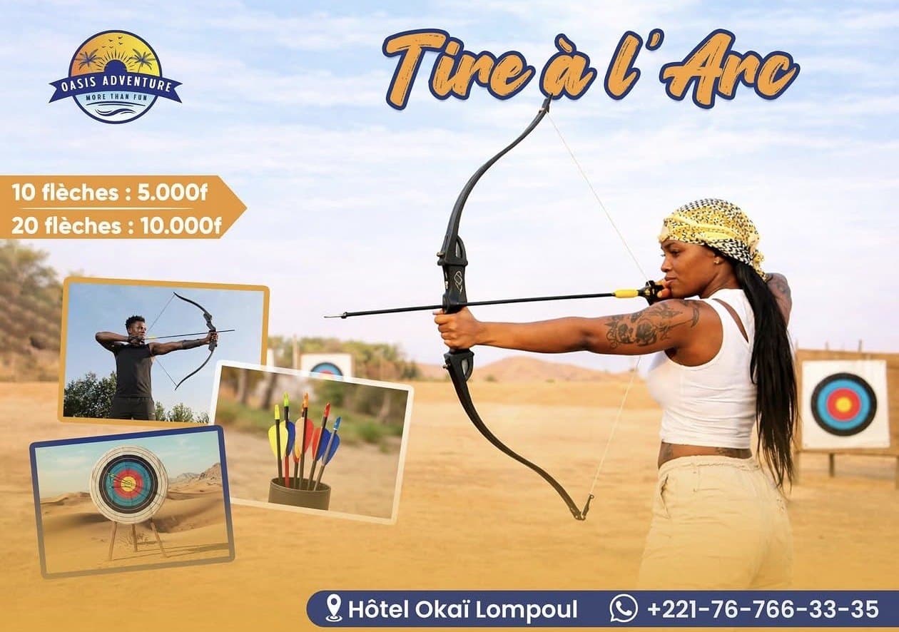 Affiche Oasis Adventure — Tir à l’arc, 5.000 F / 10 flèches, 10.000 F / 20 flèches
